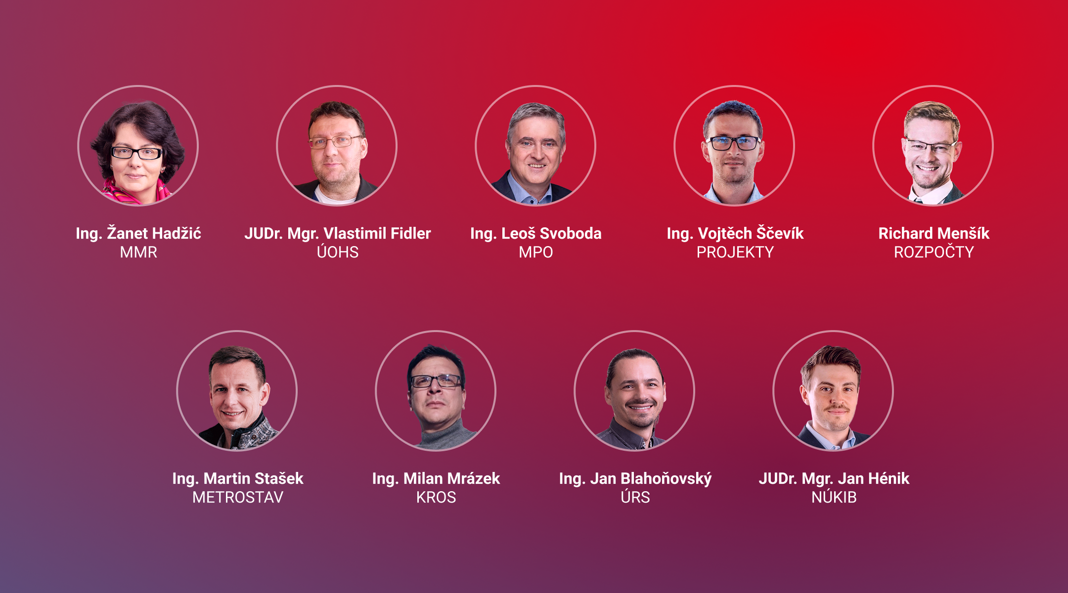 Řečníci konference: zástupci MMR, ÚOHS, MPO, NÚKIB, Metrostavu, KROS a ÚRS