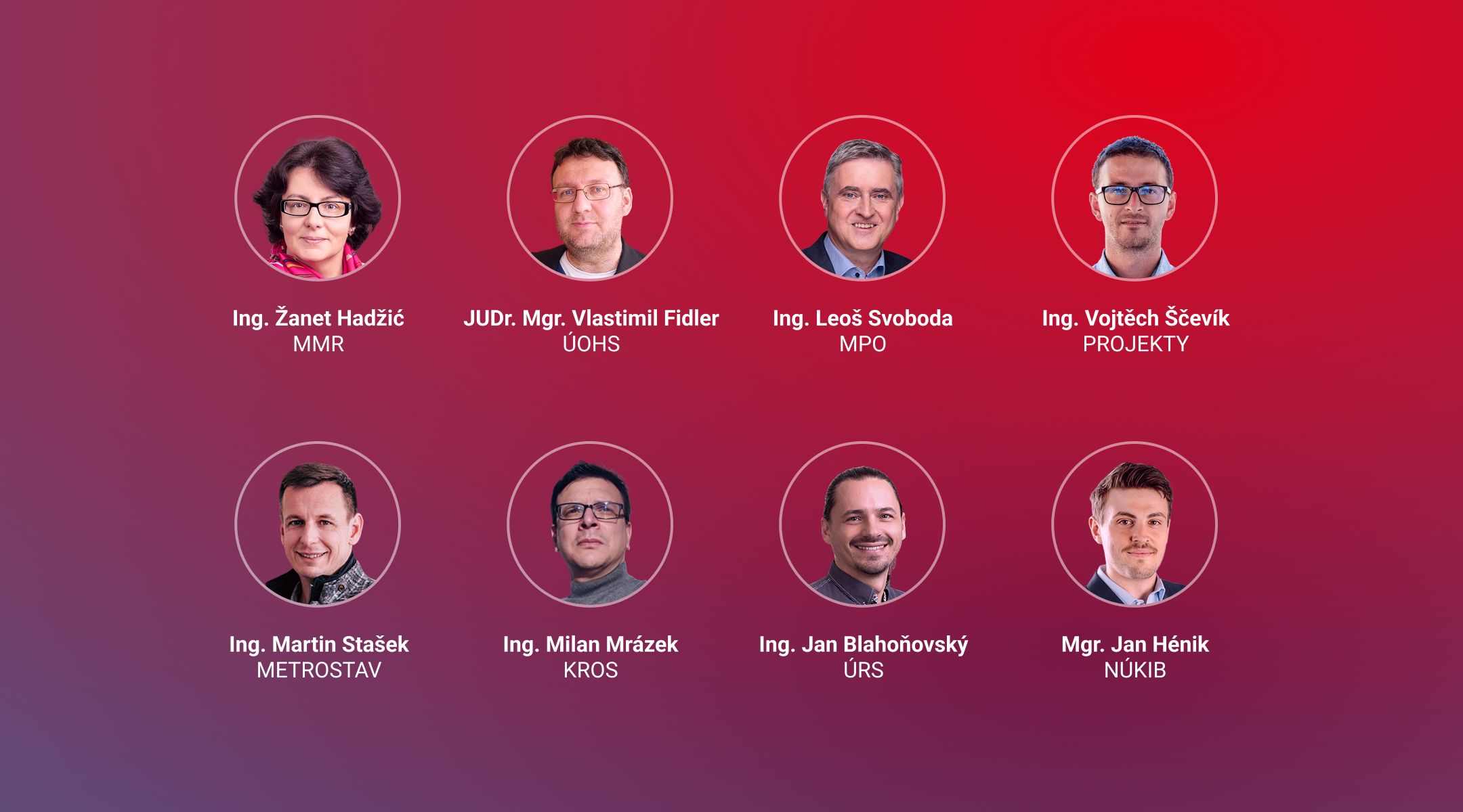 Řečníci konference: zástupci MMR, ÚOHS, MPO, NÚKIB, Metrostavu, KROS a ÚRS
